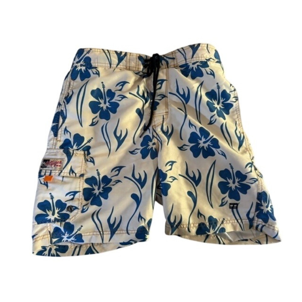 Tommy Hilfiger Swim Mens Small White Blue Hibiscus Floral Board Shorts Trunks